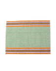 A striped multicolor placemat, with green and orange stripes, placed on a white background