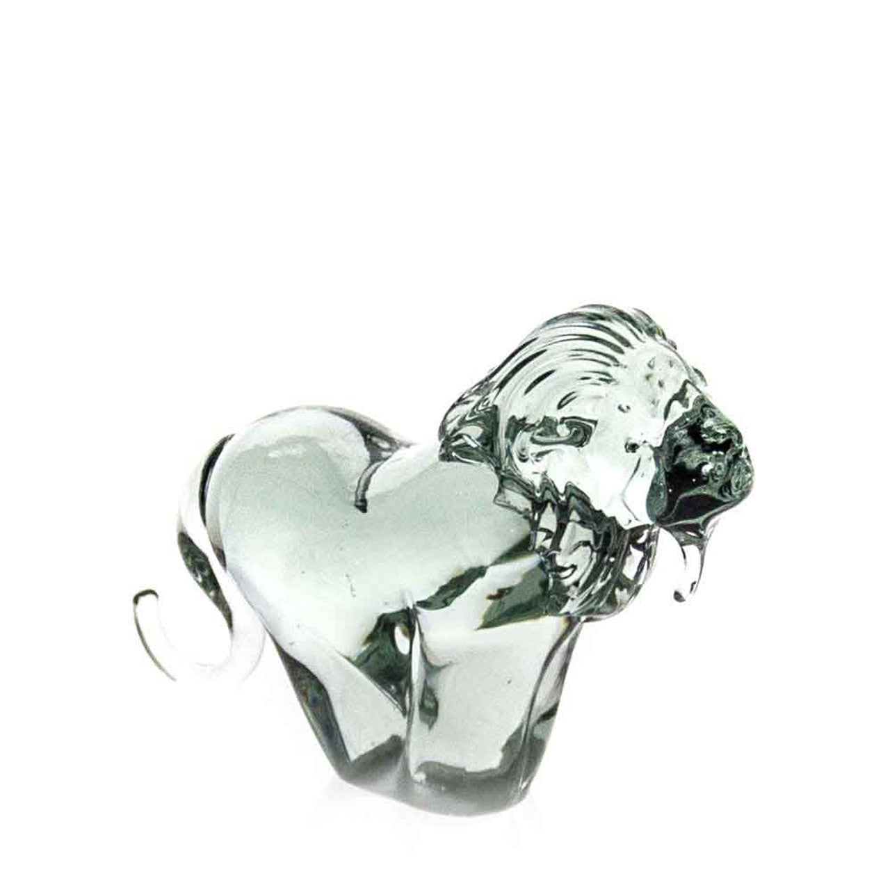 A clear glass lion sculpture made from recycled glass, with a smooth and polished finish.