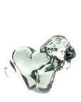A clear glass lion sculpture made from recycled glass, with a smooth and polished finish.