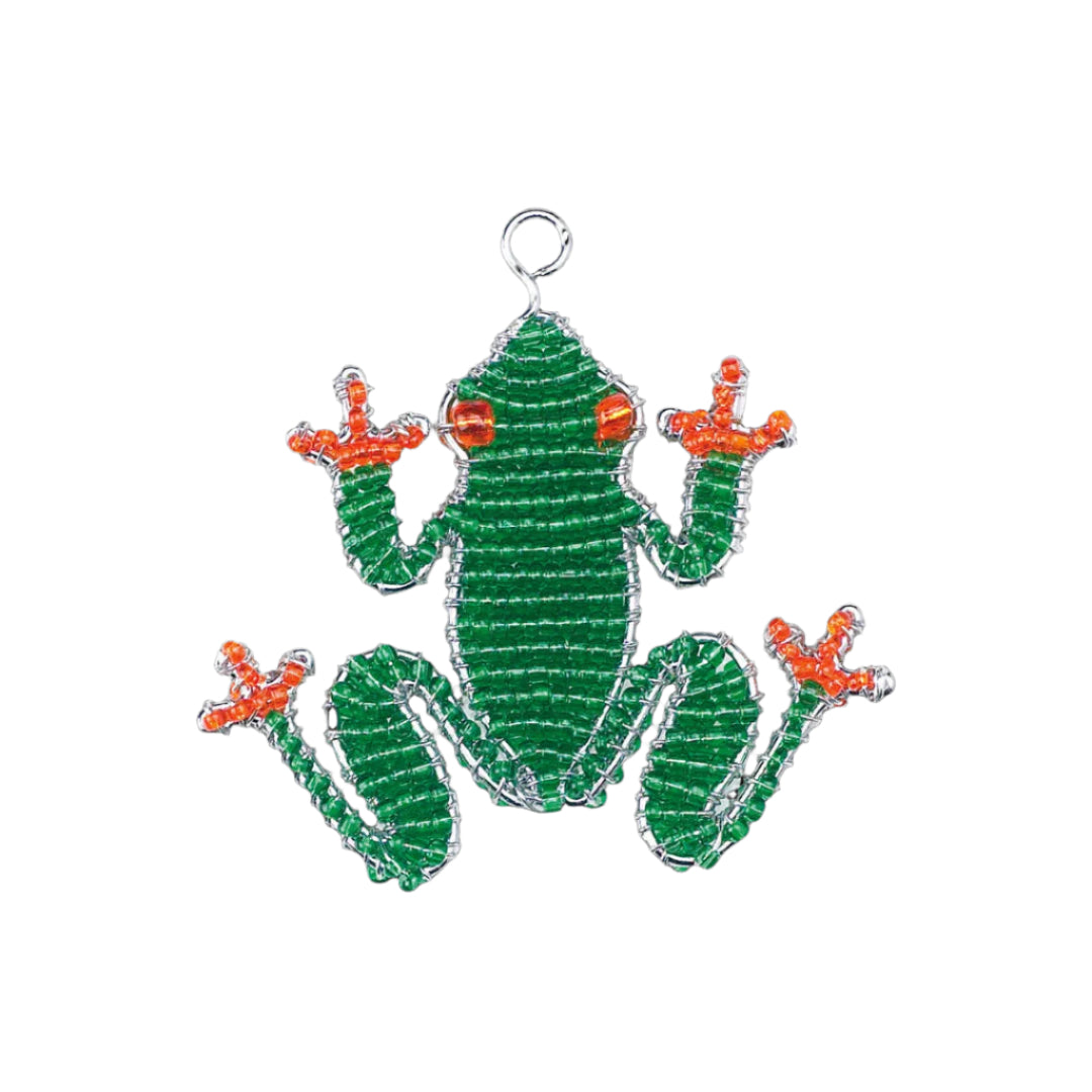 Green frog key ring with orange accents on a white background