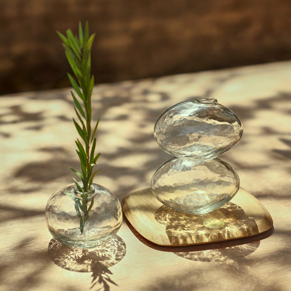 Clear glass vase with a plant and two stacked glass stones on a wooden surface.