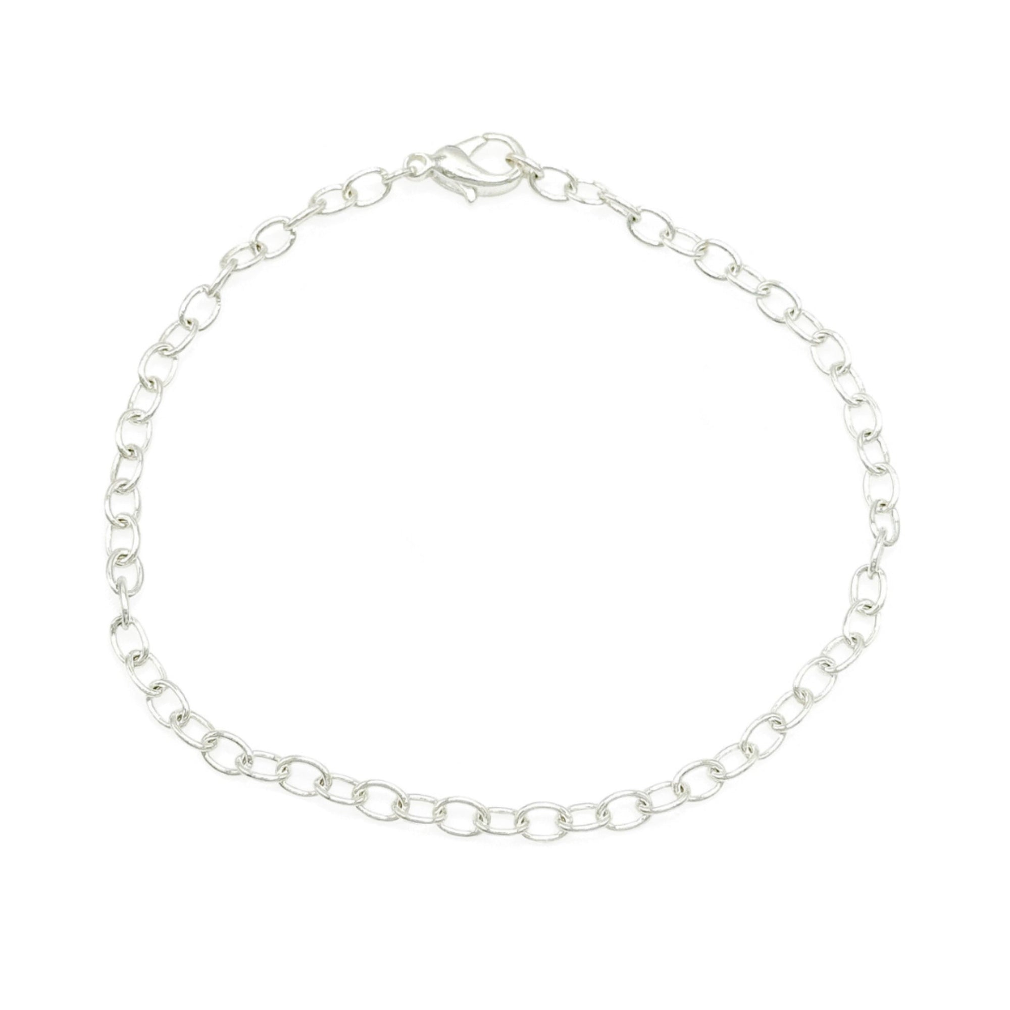 A silver bracelet with a lobster clasp, displayed against a white background.