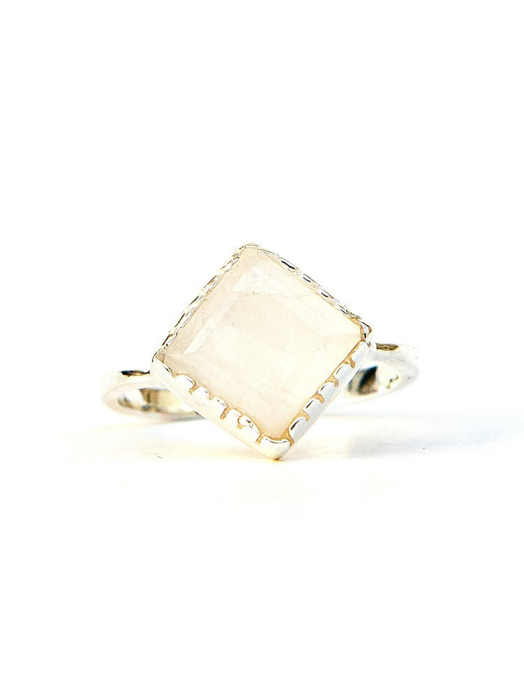 A ring made from .925 sterling silver and semi-precious moonstone.