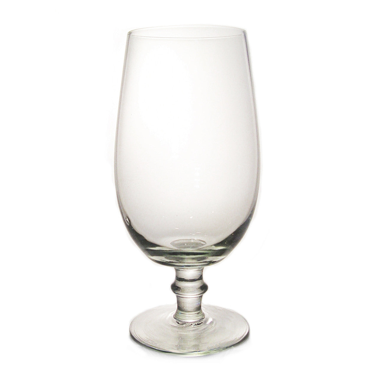A clear recycled glass goblet with a rounded bowl and a stem, isolated on a white background