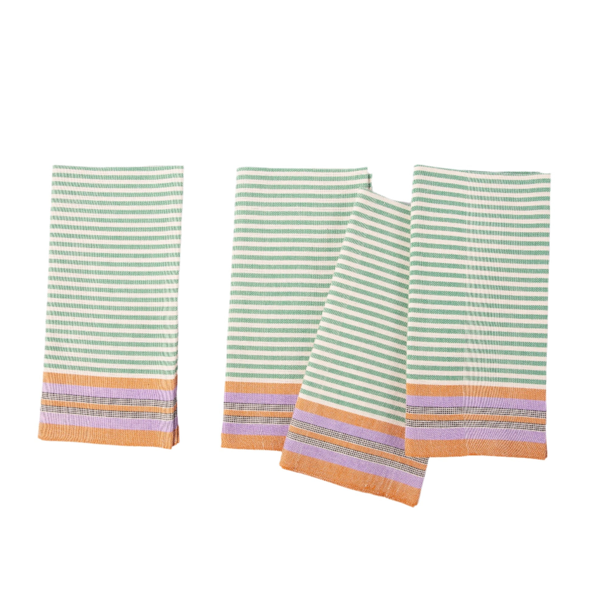 A set of four striped cotton napkins with a green and white pattern and a purple border