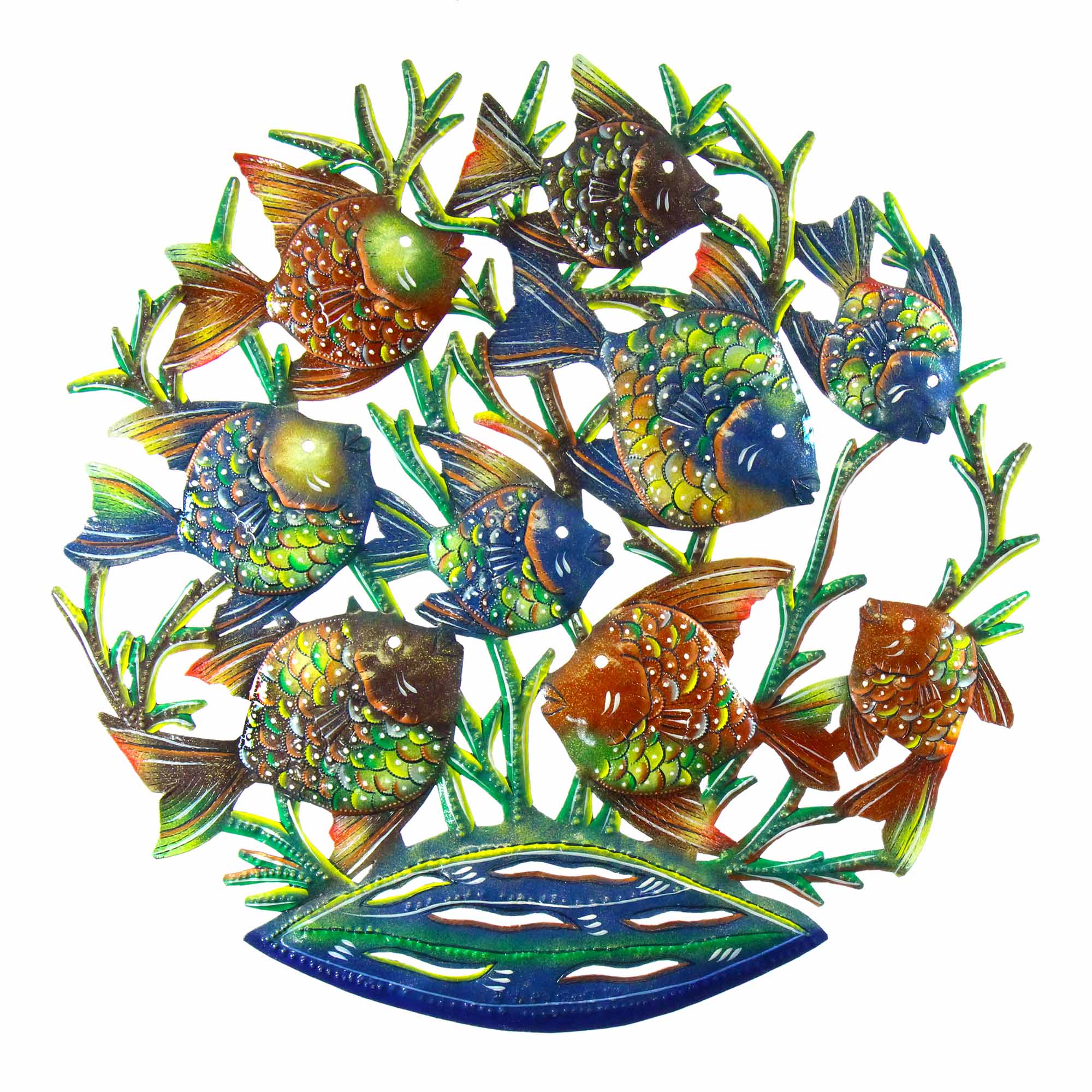A circular metal wall art piece featuring a painted school of fish with vibrant colors and patterns