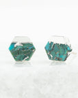 Hexagonal turquoise earrings on a clear background