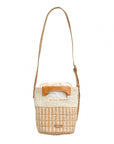 Woven handbag with leather handle and trim on a white background
