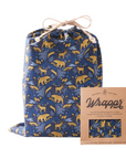 Blue drawstring gift bag with animal pattern and matching packaging on a white background