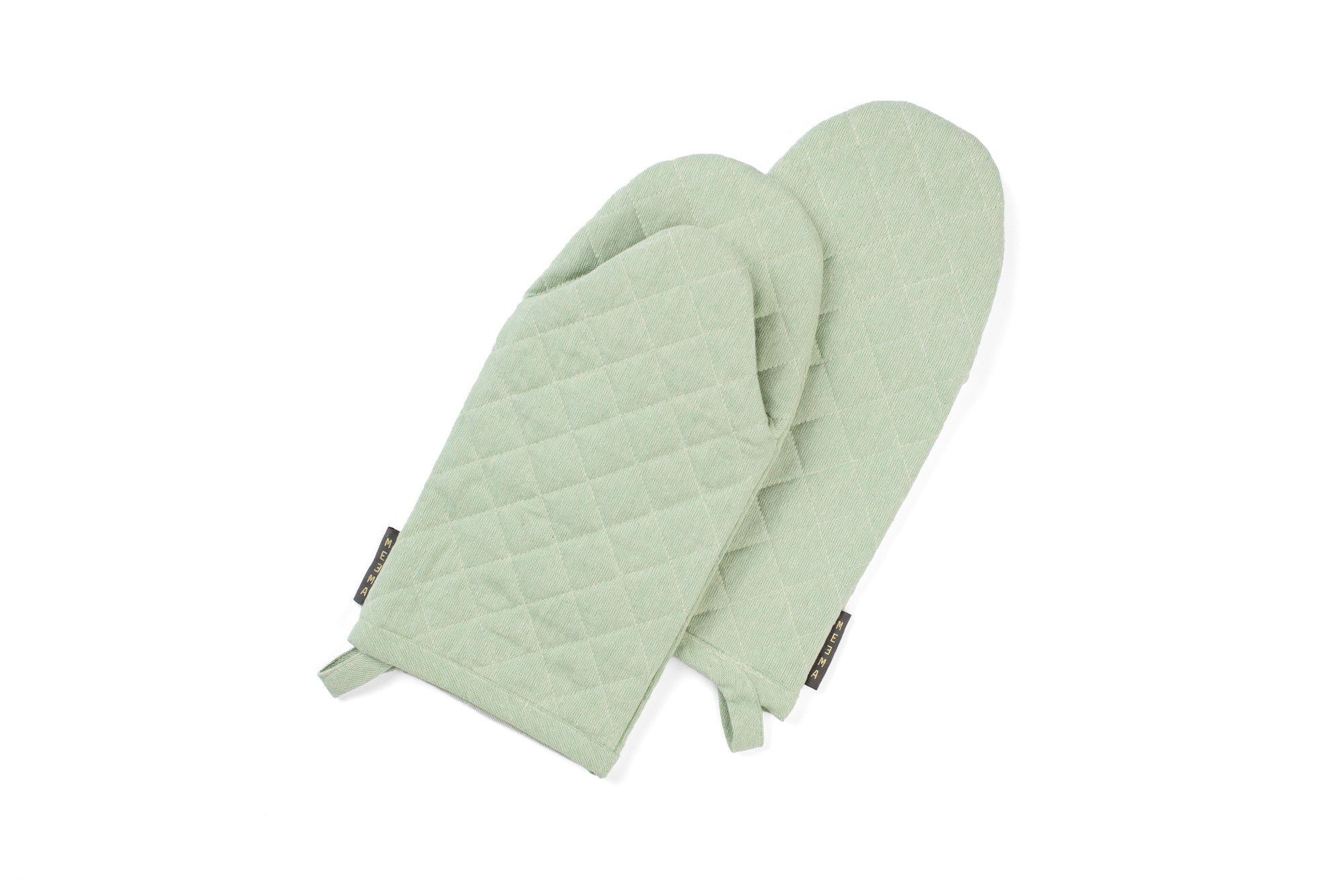 A pair of green oven mitts made from upcycled cotton, displayed against a white background