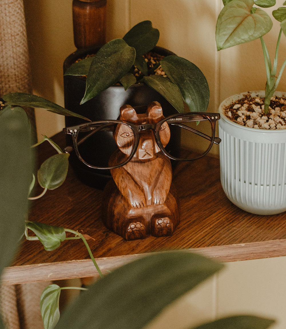 A handmade wooden bear glasses holder with a pair of glasses resting on it on top of a wooden shelf in front of a plant