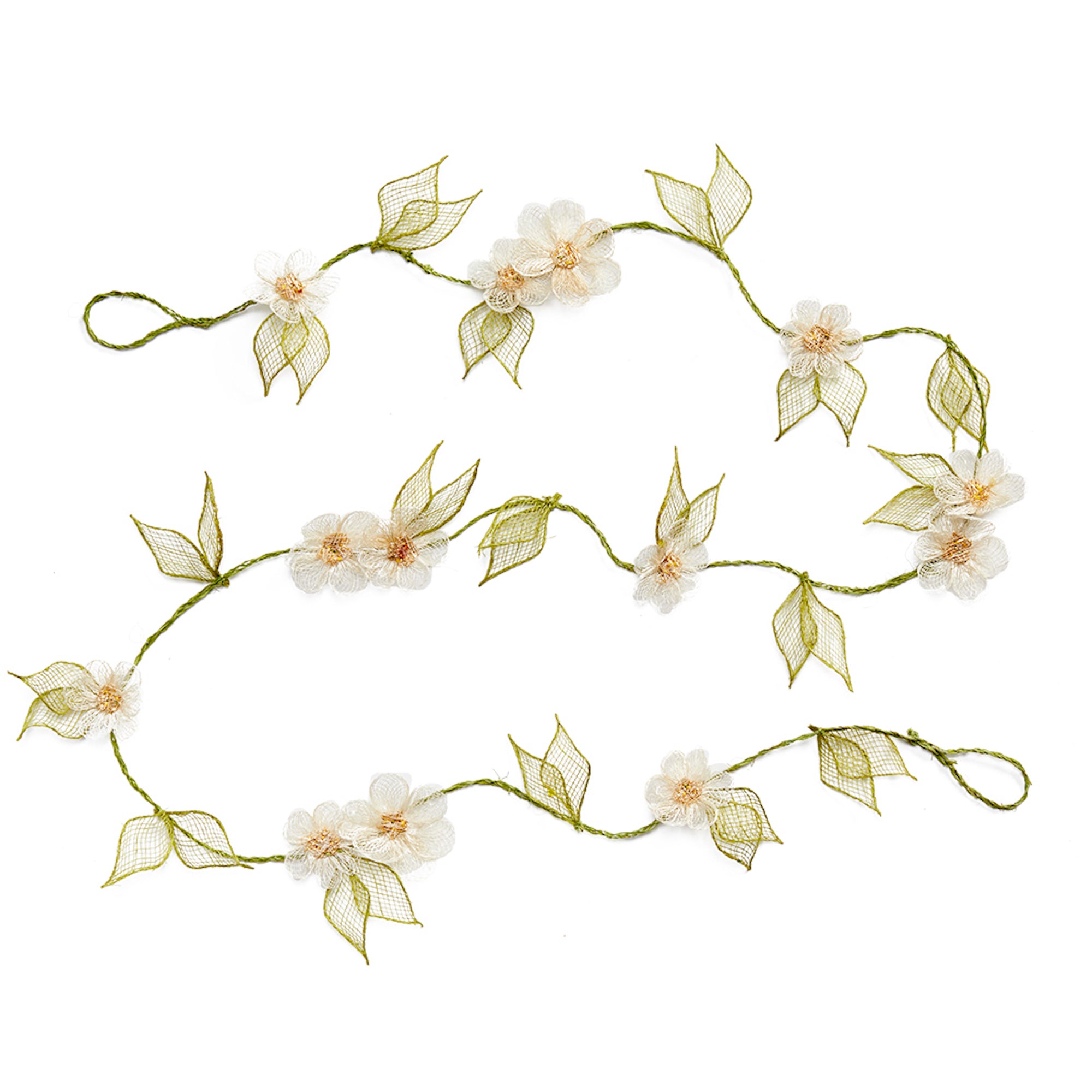 A floral garland made of natural abaca fibers with dyed green leaves and white flowers, designed for holiday decorations