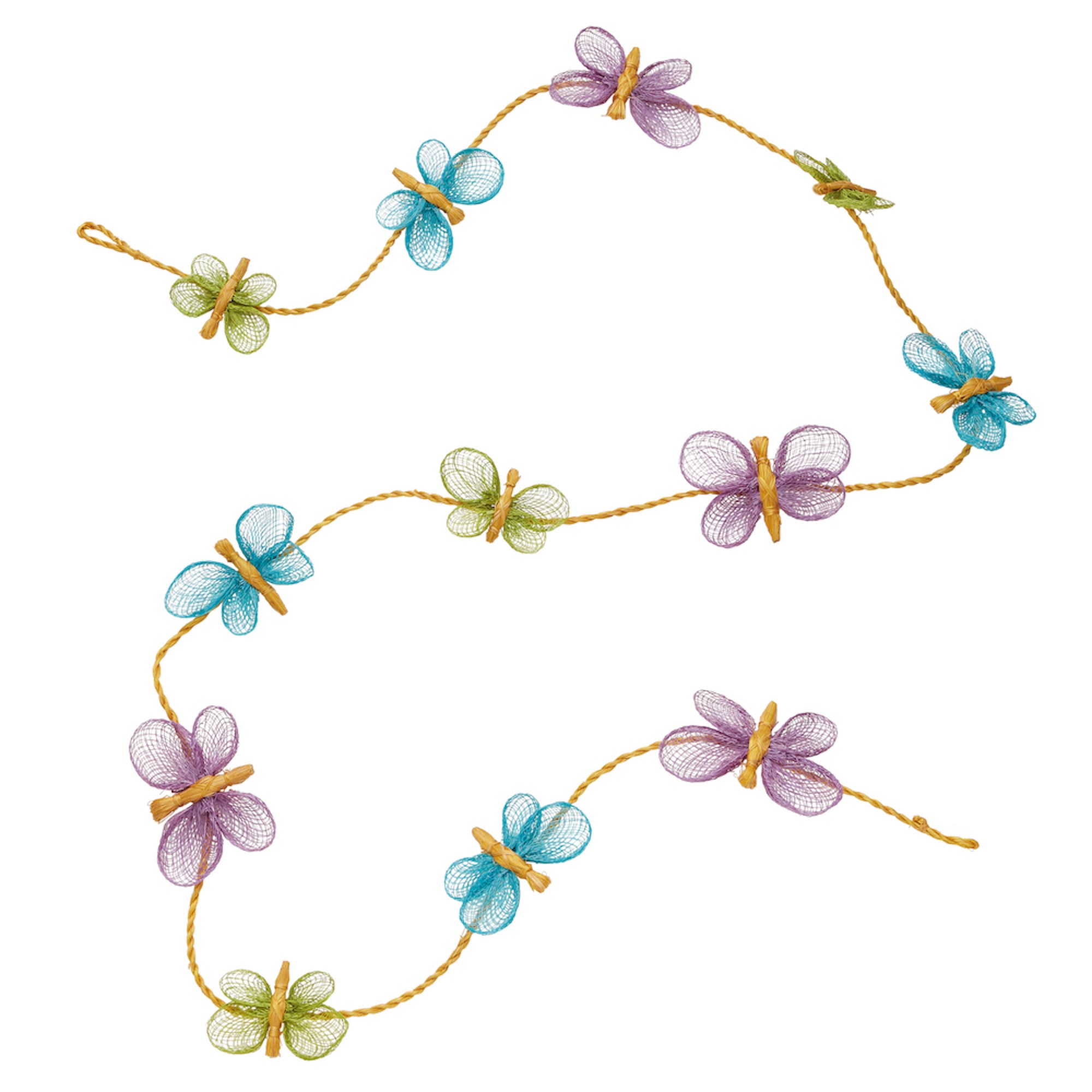 A colorful garland made from sustainable abaca, featuring various sized butterflies woven for a three-dimensional form, displayed against a white background.