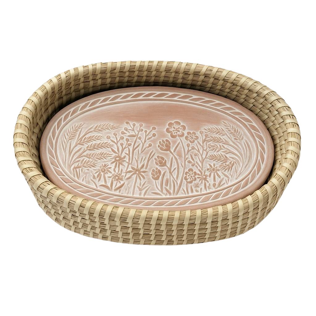 Decorative tray with floral pattern warming stone inside a woven basket on a white background