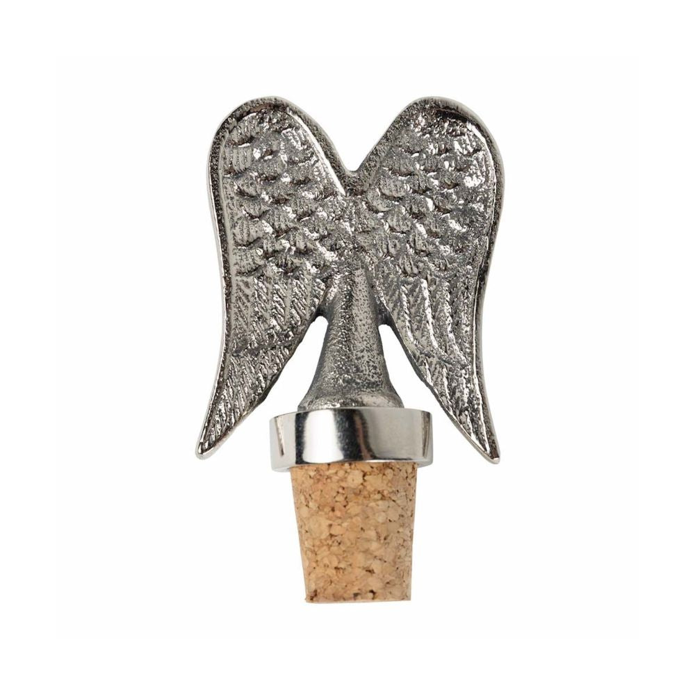 Silver angel wing bottle stopper on a white background