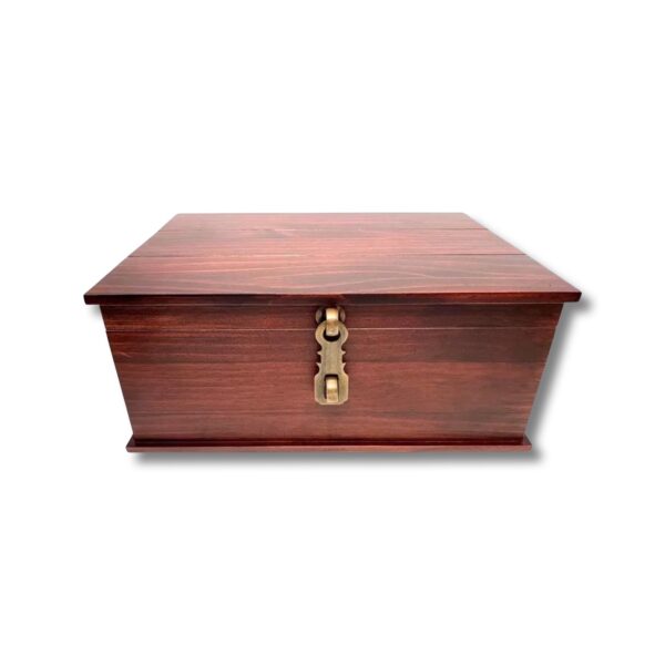 A handmade wooden storage box with an antique brass latch