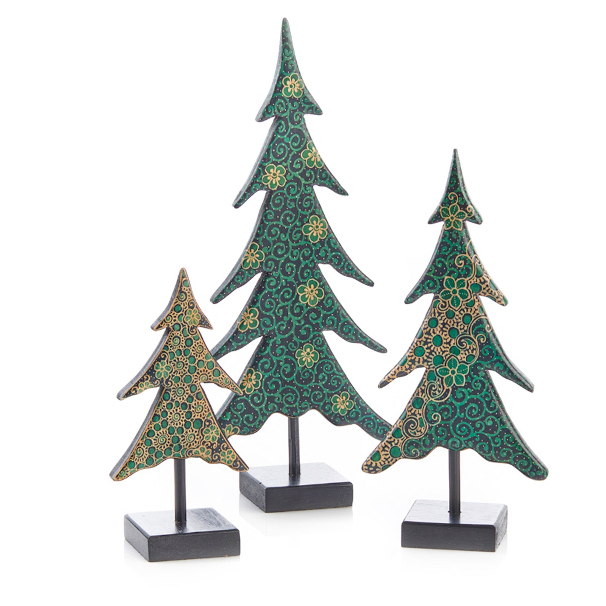 Three decorative Christmas trees with green and gold patterns on a white background