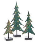 Three decorative Christmas trees with green and gold patterns on a white background