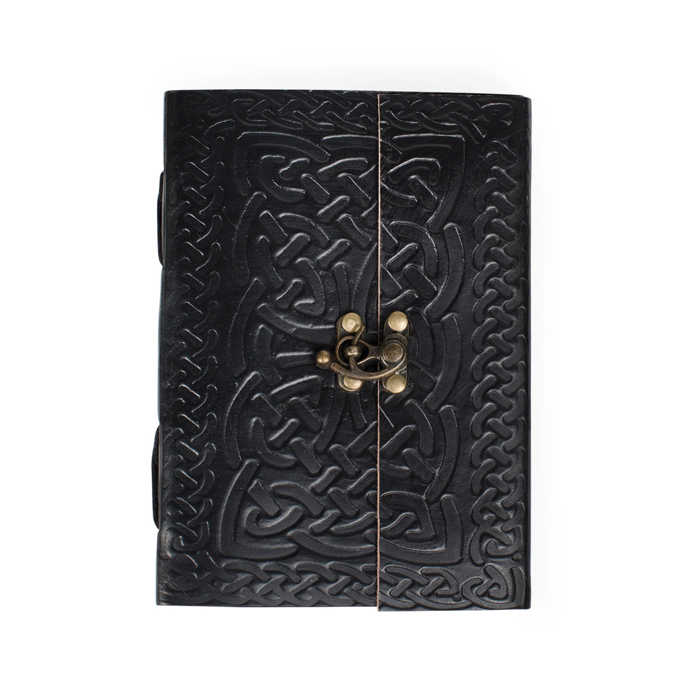 Black leather-bound book with intricate Celtic knot patterns and a brass clasp on a white background