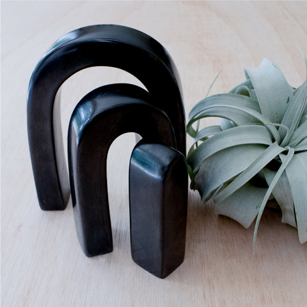 Set of black curved objects on a light wooden surface with a plant.