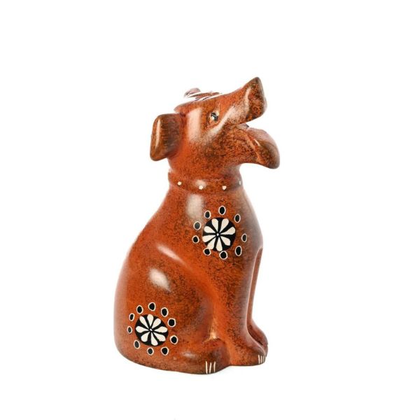Hand-carved soapstone sculpture of a dog with a brown hand-dyed finish, standing with a white background