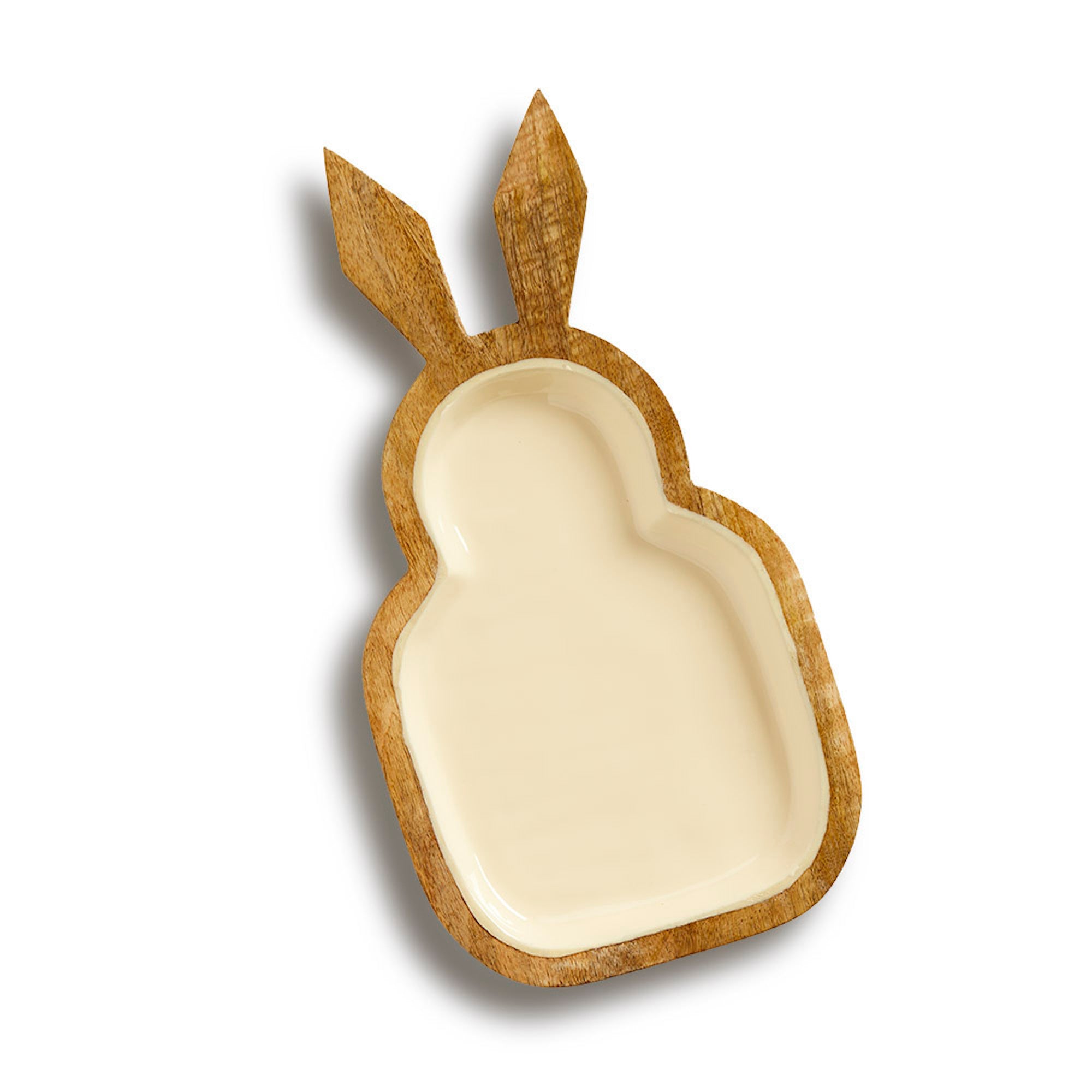 A beige-colored bunny-shaped serving tray made of mango wood with a cream-colored inlay