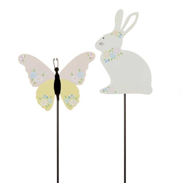 A set of two decorative garden stakes, one with a butterfly design and the other with a bunny design, both with detachable metal stakes and hand-painted floral motifs