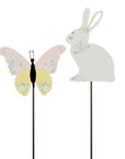 A set of two decorative garden stakes, one with a butterfly design and the other with a bunny design, both with detachable metal stakes and hand-painted floral motifs