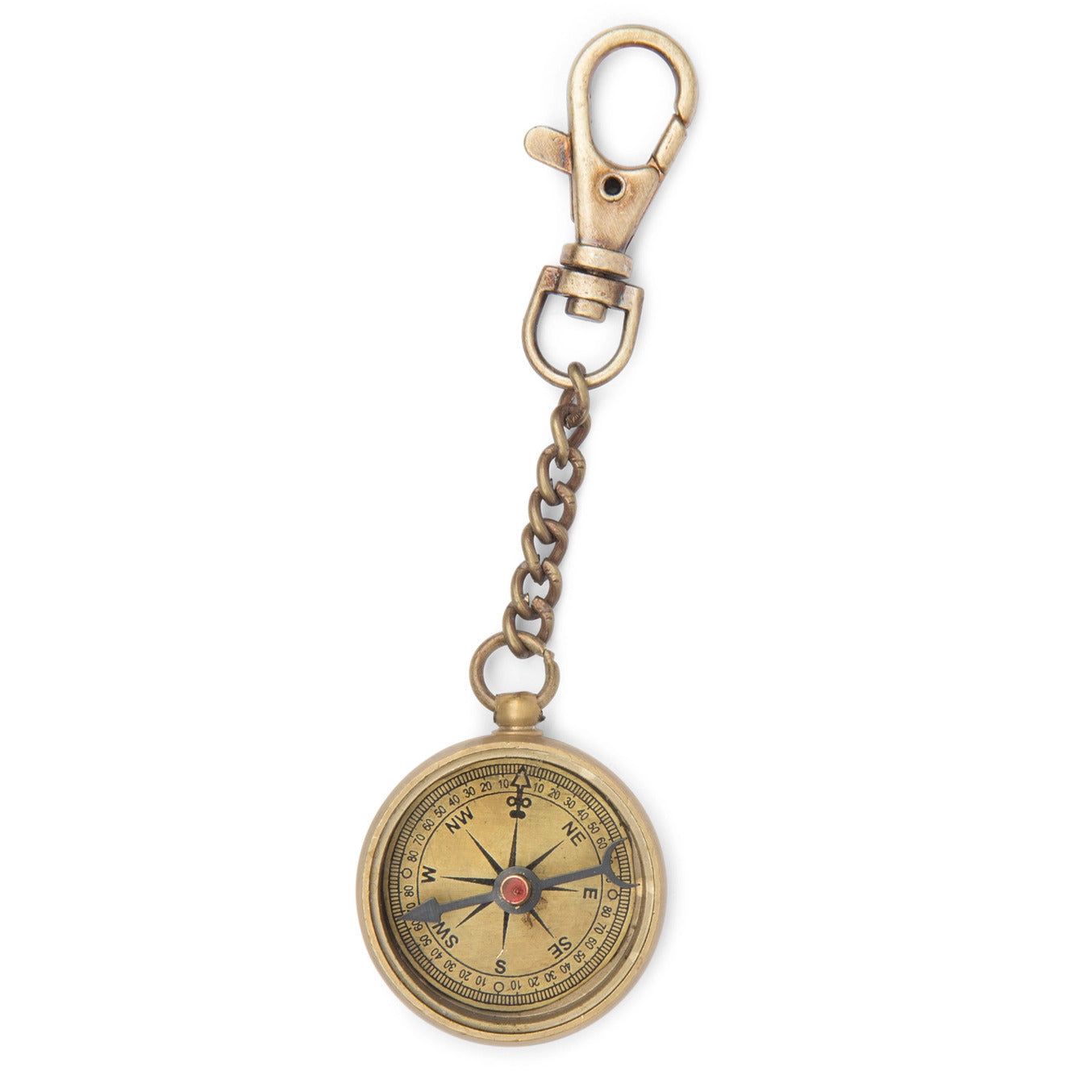 Bronze compass keychain with chain on a white background