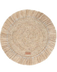 A round beige placemat with fringes, displayed on a white background
