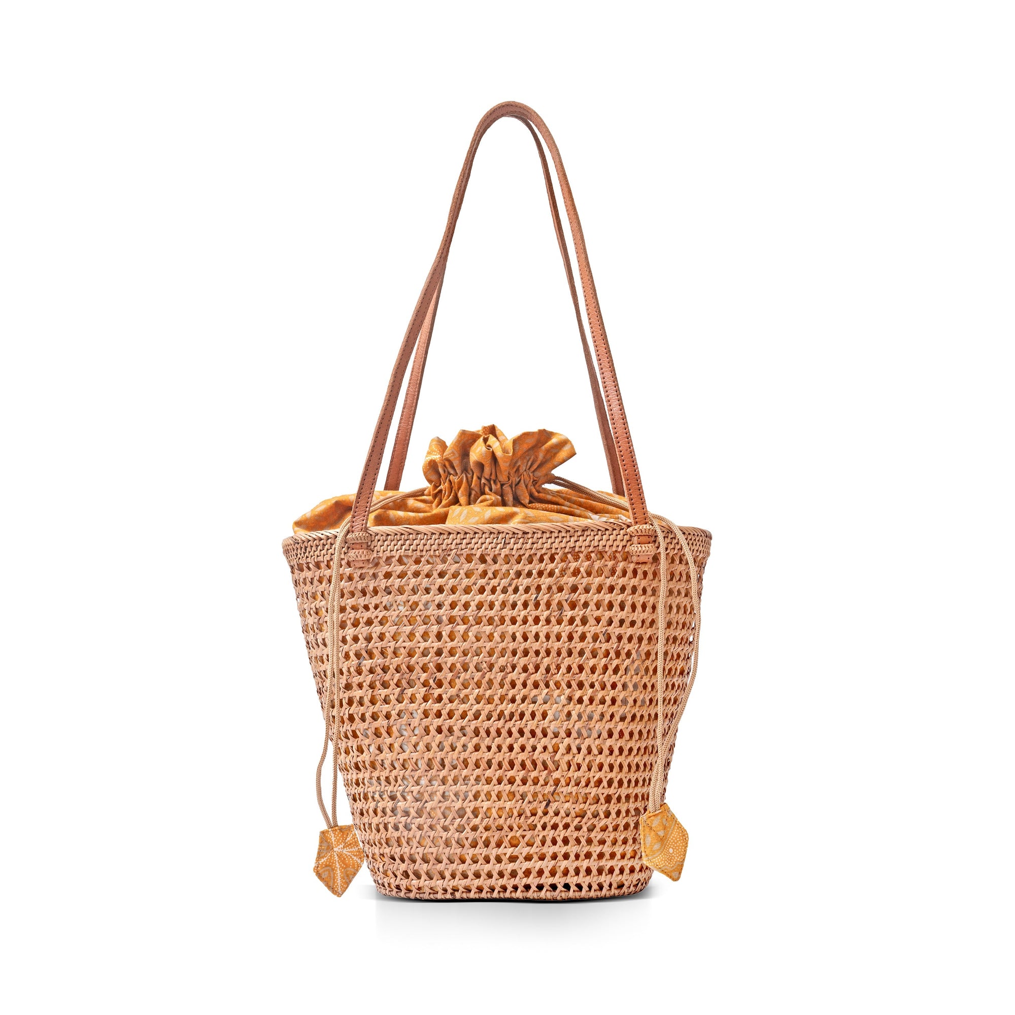 A brown rattan mesh tote shopper bag with shoulder straps and a drawstring top closure.