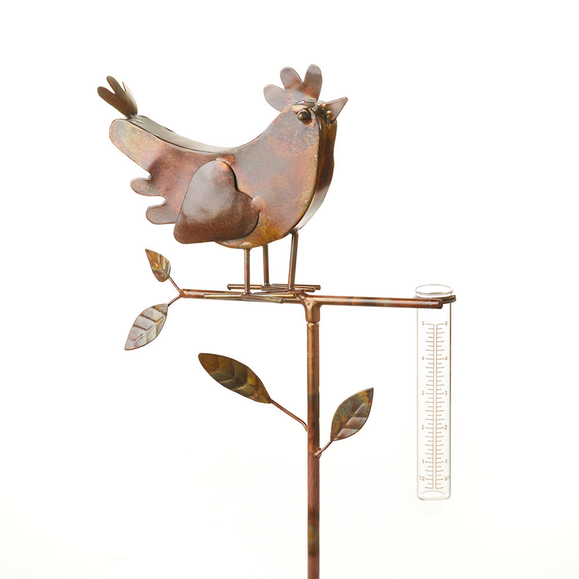A decorative metal rooster with an antique copper finish sitting on top of a garden stake with a small glass rain gauge tube.