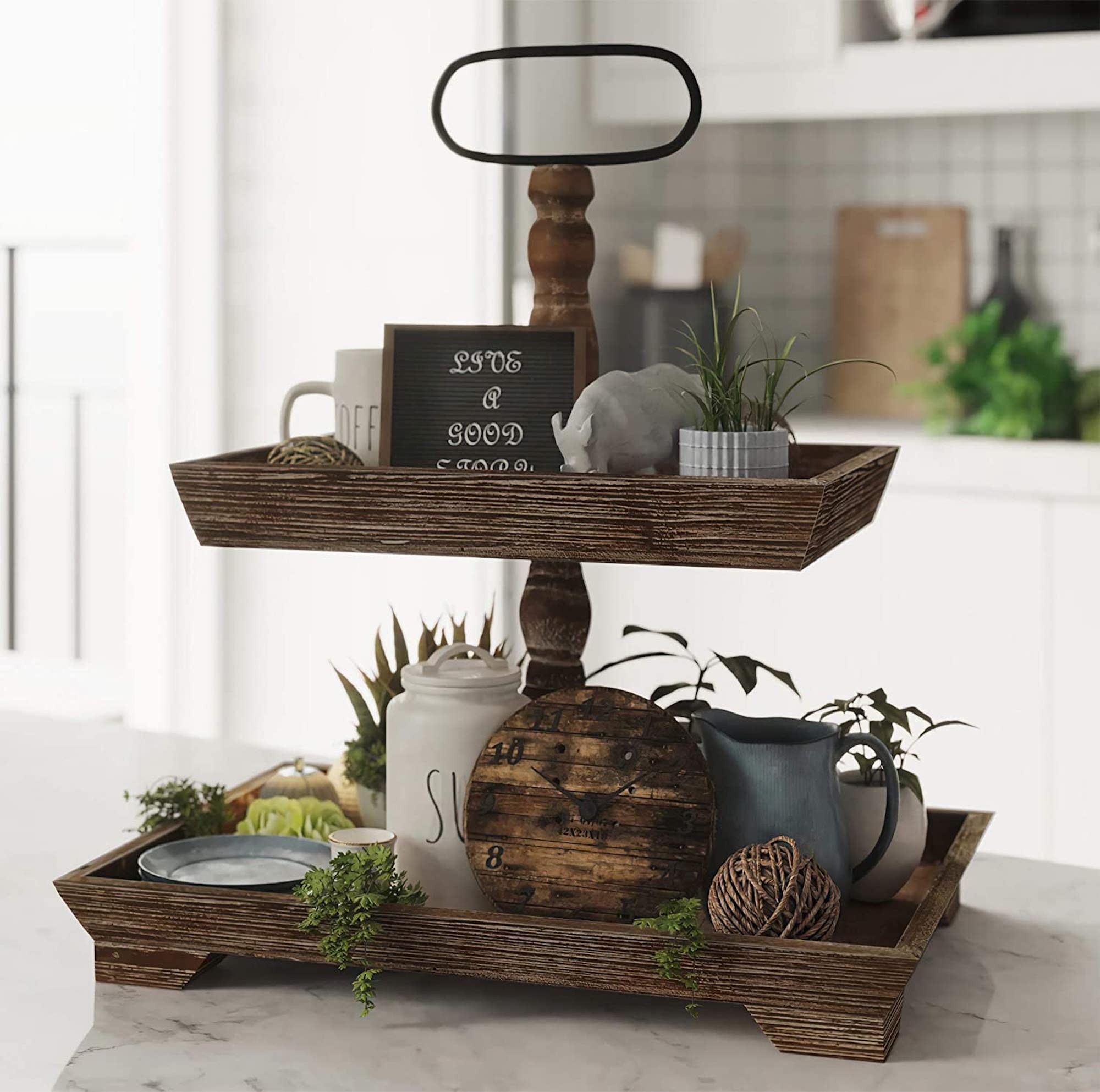 Decorative Two Tiered Wooden Serving Tray