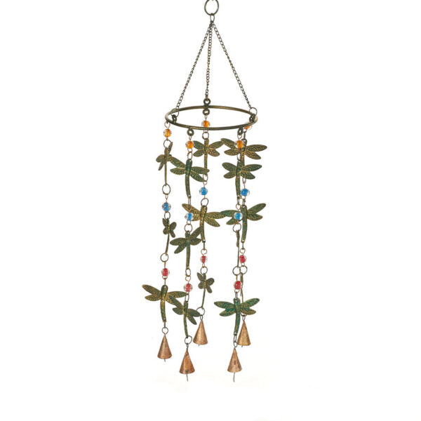 Hanging circular wind chime with dragonflies and golden bells at the bottom