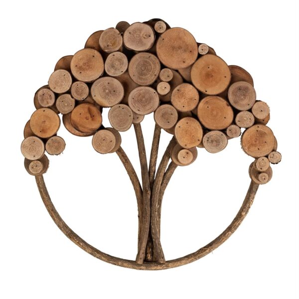 A wall-mounted sculpture made of twisted branches and slices of wood, arranged to resemble a tree with a trunk and multiple branches