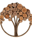A wall-mounted sculpture made of twisted branches and slices of wood, arranged to resemble a tree with a trunk and multiple branches