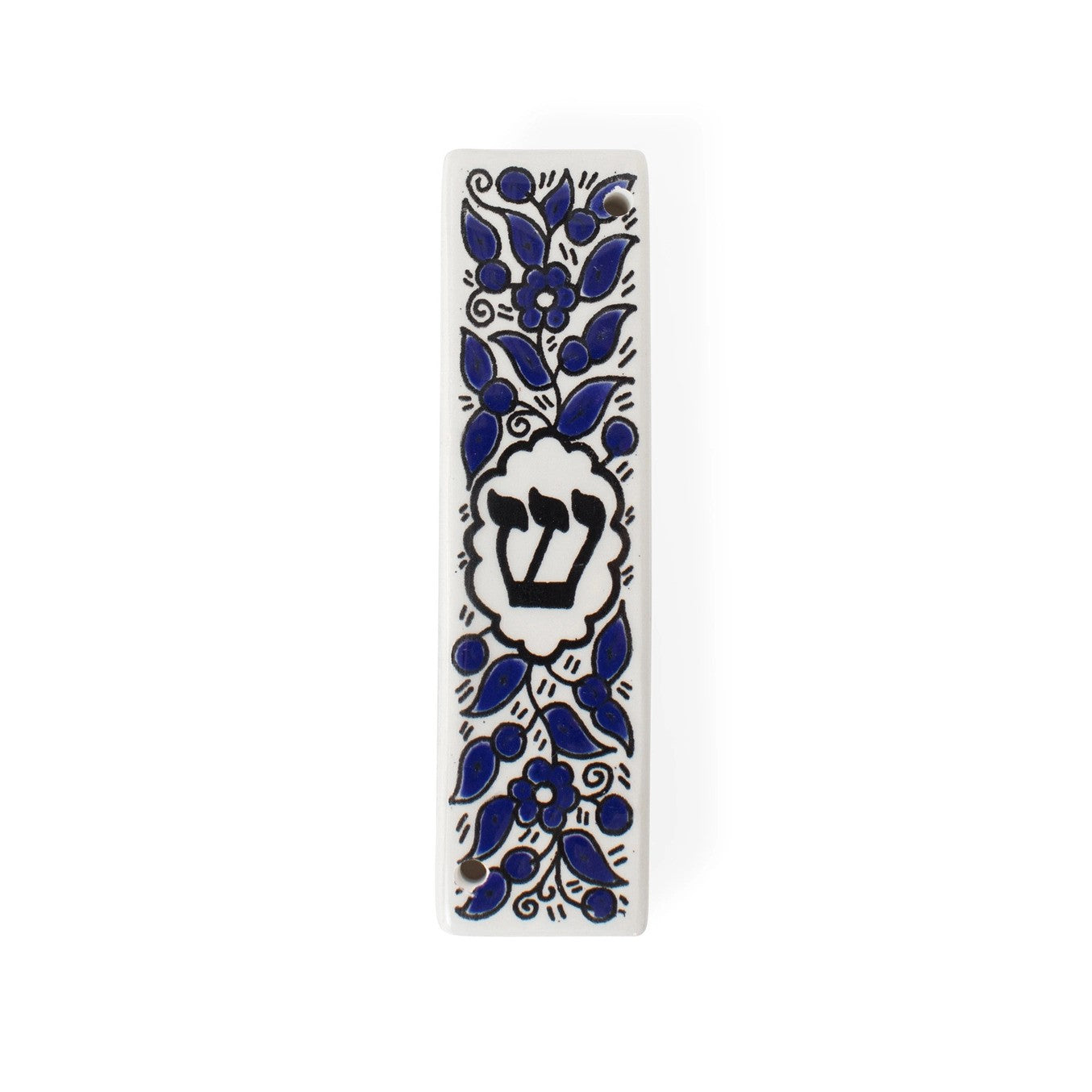 Decorative mezzuzah case with blue floral patterns on a white background