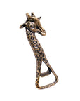A bronze-colored brass giraffe bottle opener with intricate patterns.