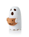 A white ghost-shaped ceramic candle lantern with a terracotta orange jack-o'-lantern basket, shown on a clean white background.