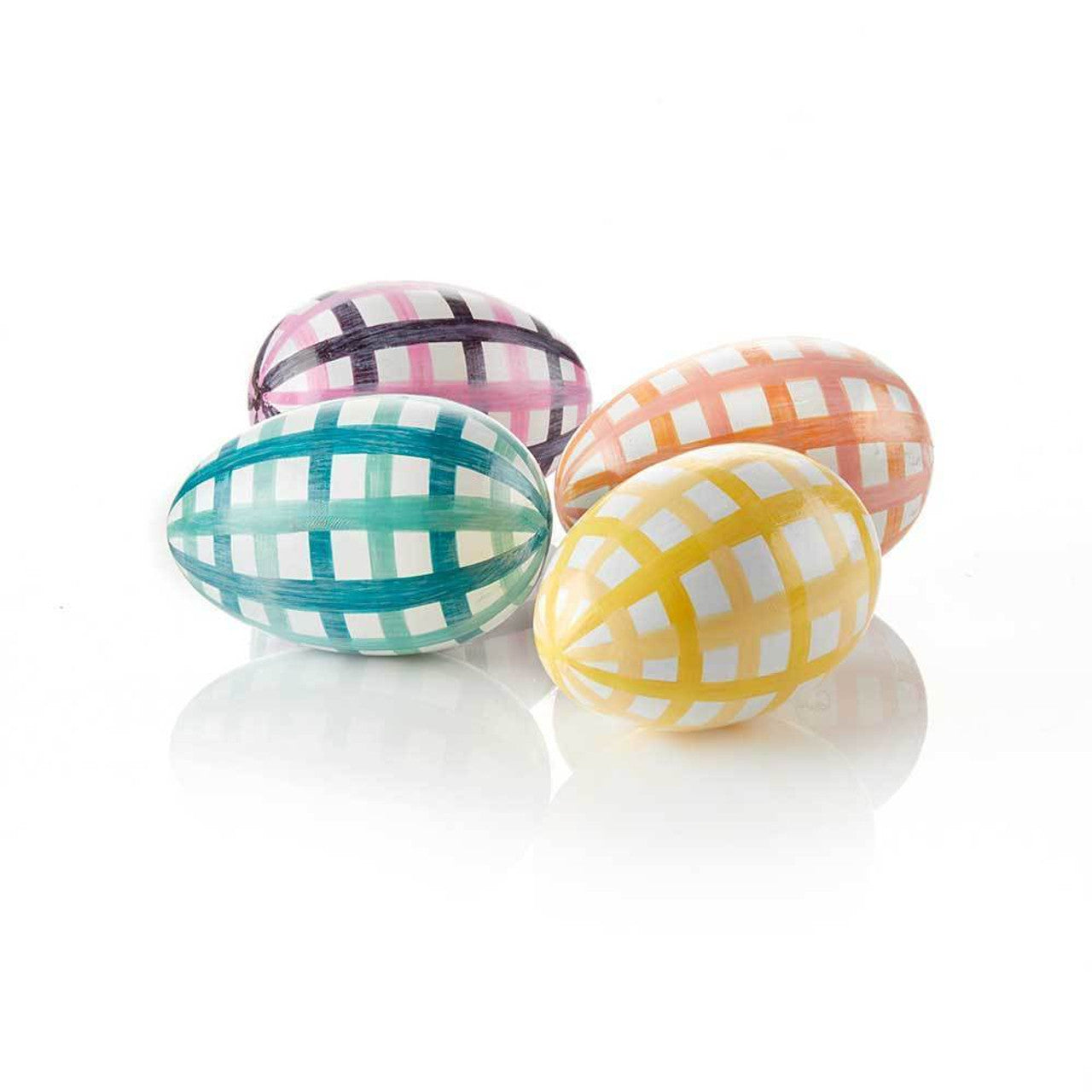 A set of four hand-painted Easter eggs with a gingham check design on a mango wood base, in pink, blue, yellow, and green colors.