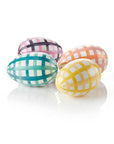 A set of four hand-painted Easter eggs with a gingham check design on a mango wood base, in pink, blue, yellow, and green colors.