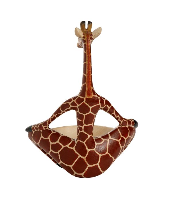 The back of a giraffe-shaped trinket bowl on a white background