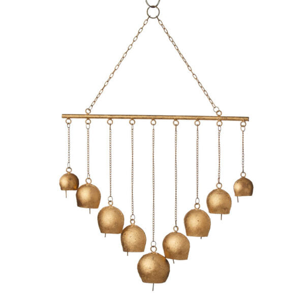 A handmade golden wind chime with multiple bells, designed for home decor