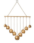 A handmade golden wind chime with multiple bells, designed for home decor