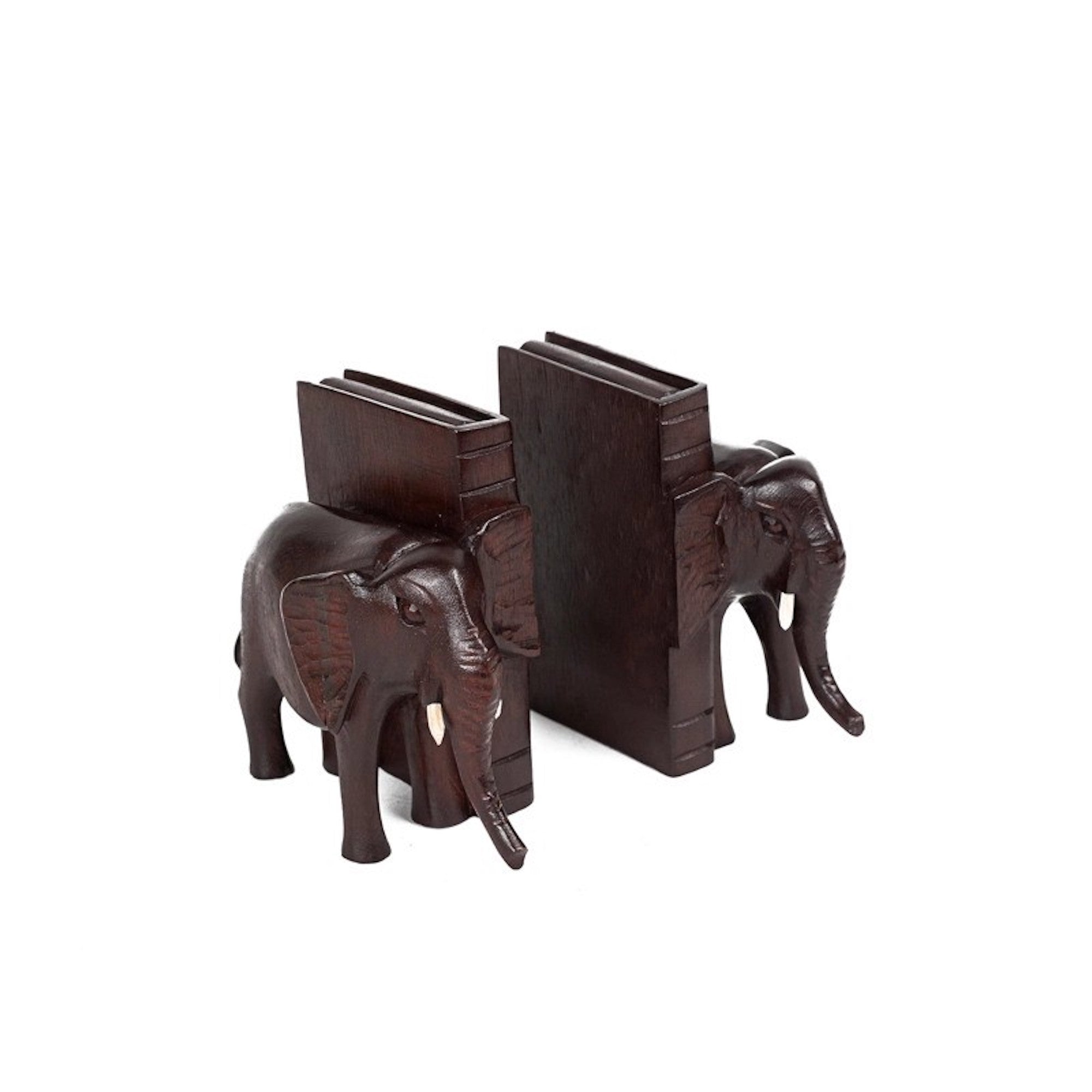 Wooden elephant bookends that are skillfully hand-carved by professional artisans displayed on a white background