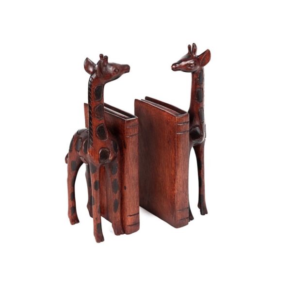 A pair of hand-carved wooden giraffe bookends with a dark brown finish
