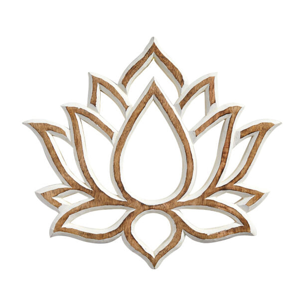 A handcarved wooden lotus wall art piece with a rustic appearance, featuring a claw hanger on the back