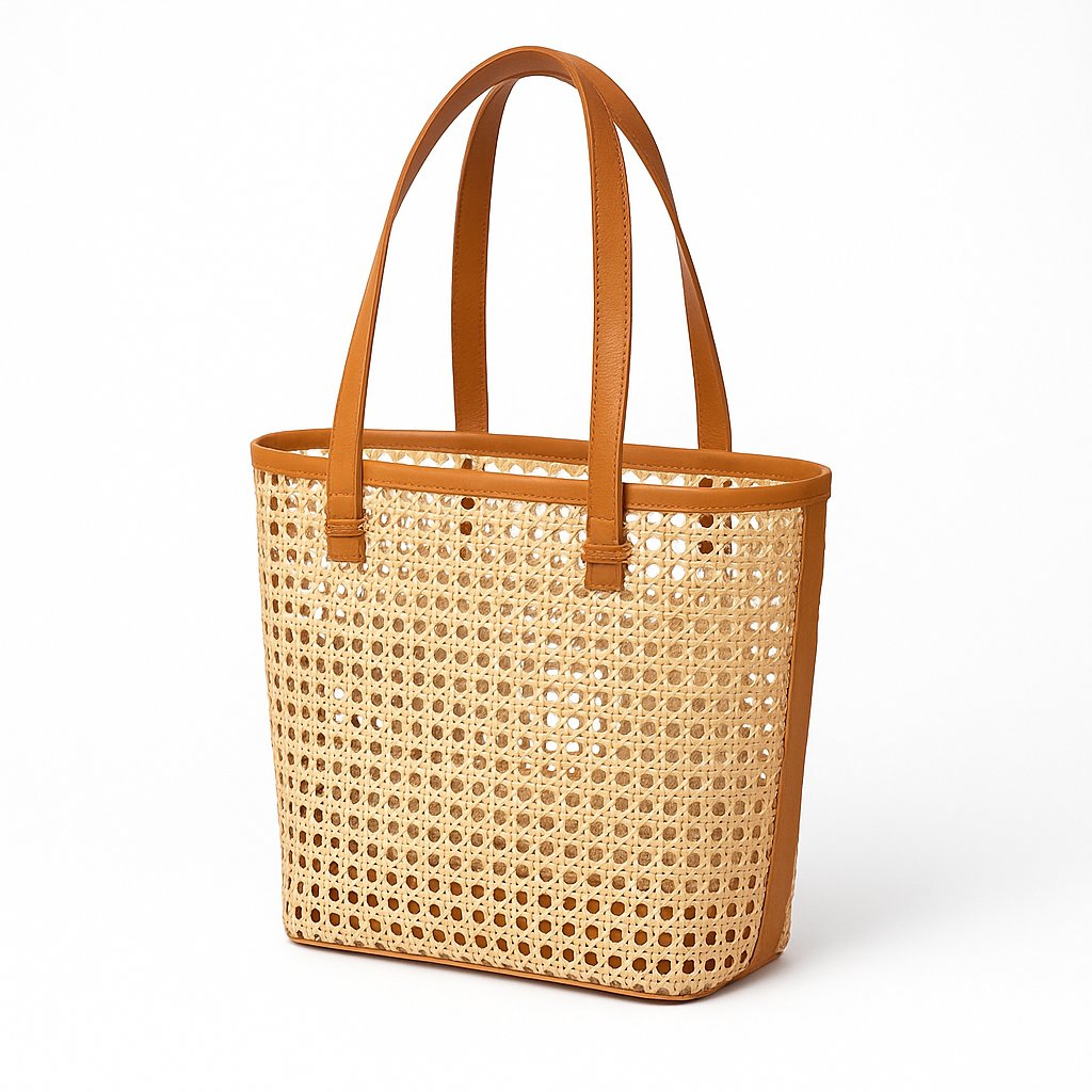 Woven tote bag with brown handle and trim on a white background