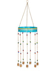A hand-painted metal hanging plant tray with a wind chime design, decorated with colorful beads and iron bells
