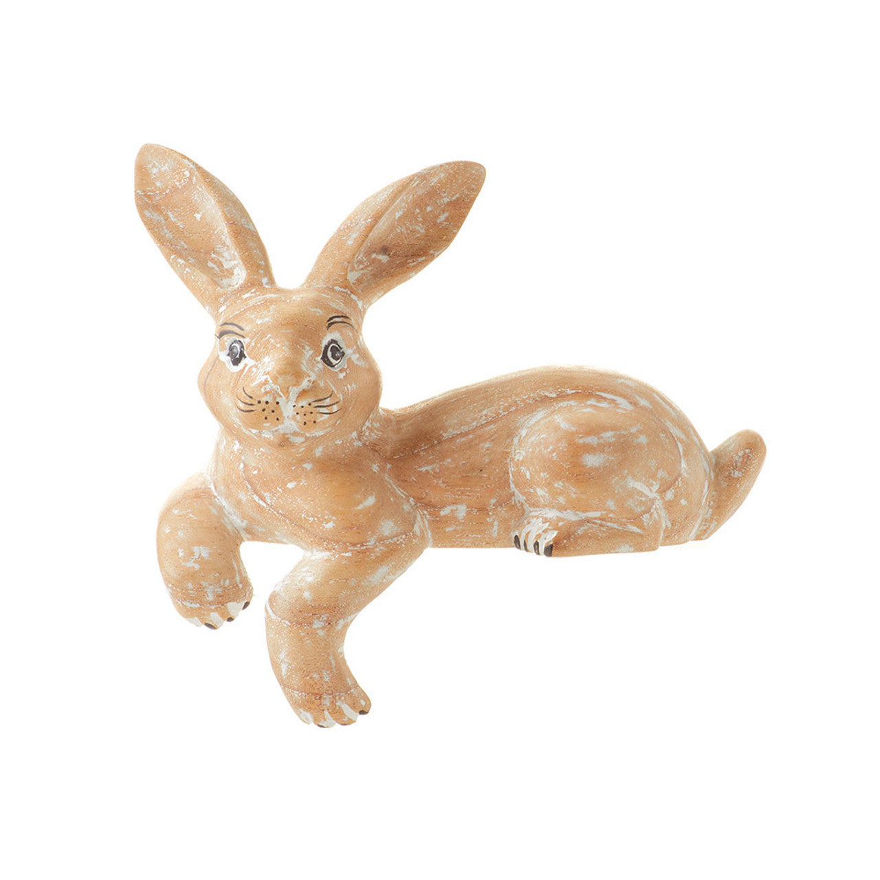 A hand-carved wooden shelf sitter in the shape of a hare with a whitewashed finish